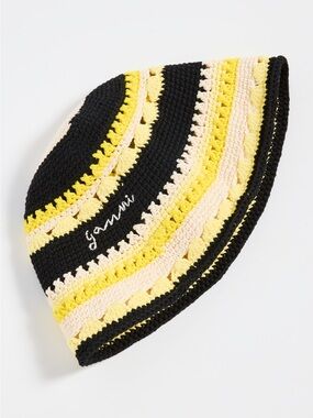 Ganni Black Yellow Cream Crochet Bucket Hat